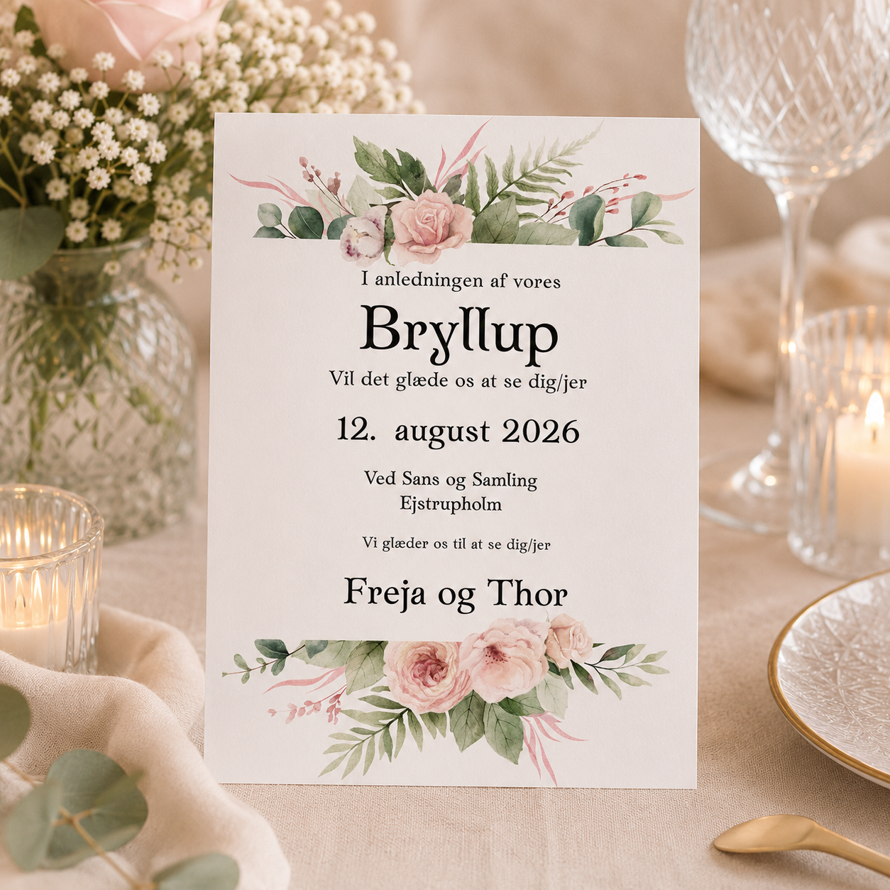 Invitation Flad A5/A6 - Romantisk rose